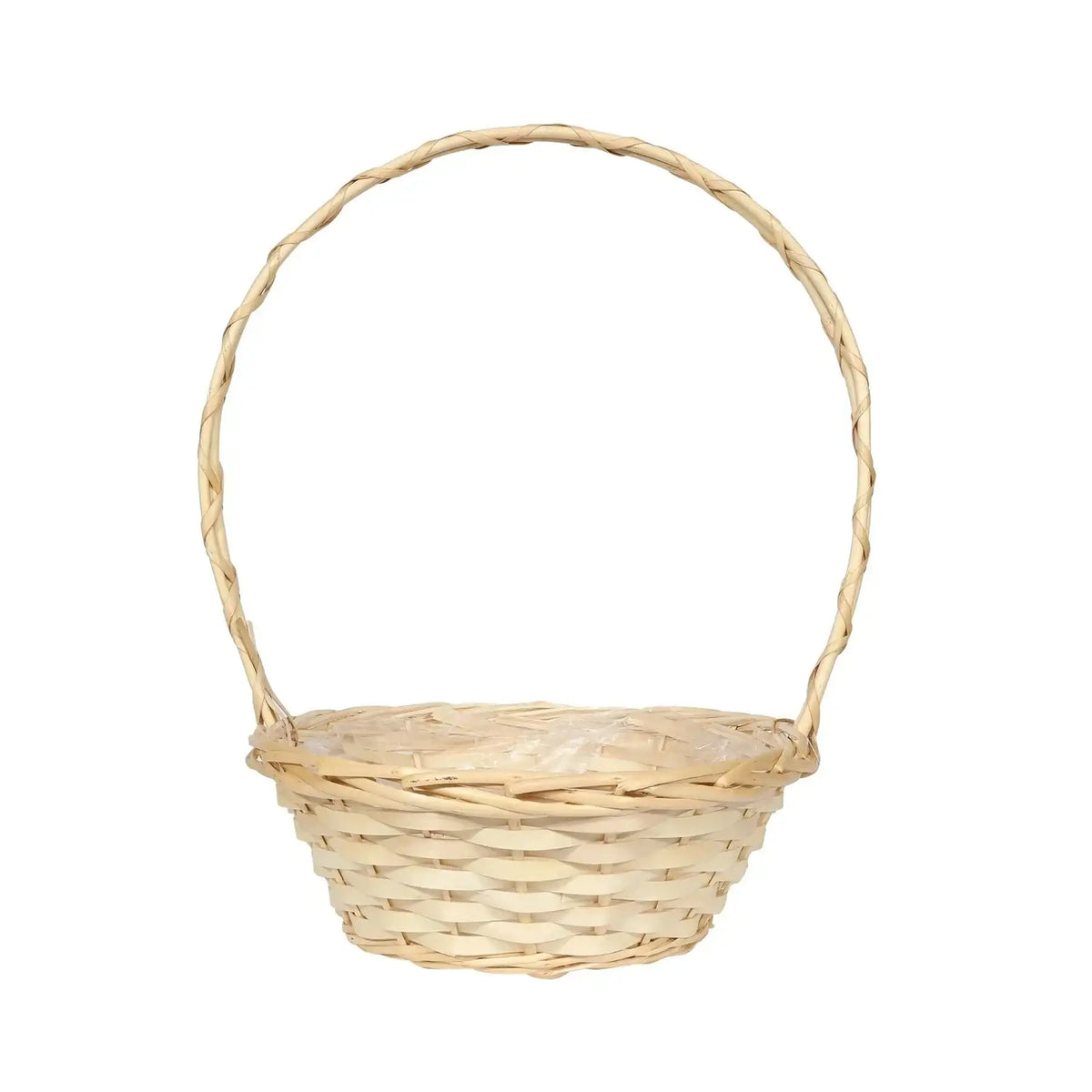 Natural woven wicker basket with twisted handle, perfect for home décor or gift baskets