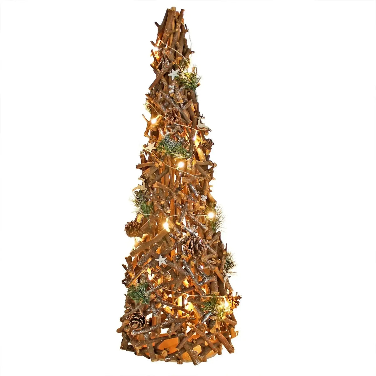 Rustic wooden Christmas tree with warm lights, pinecones, and star decorations for festive home décor