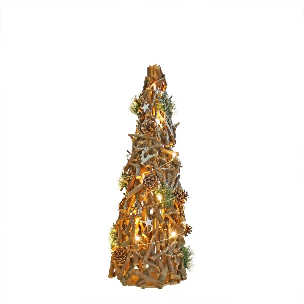 Rustic wooden Christmas tree with fairy lights, pinecones, and star decorations for festive home décor