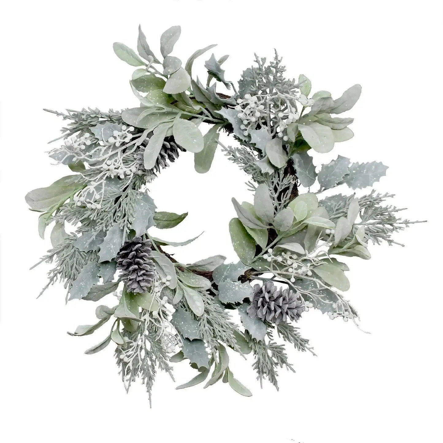 Lambs Ear Holly Pine Cone and White Berry Flocked Wreath (60cm)