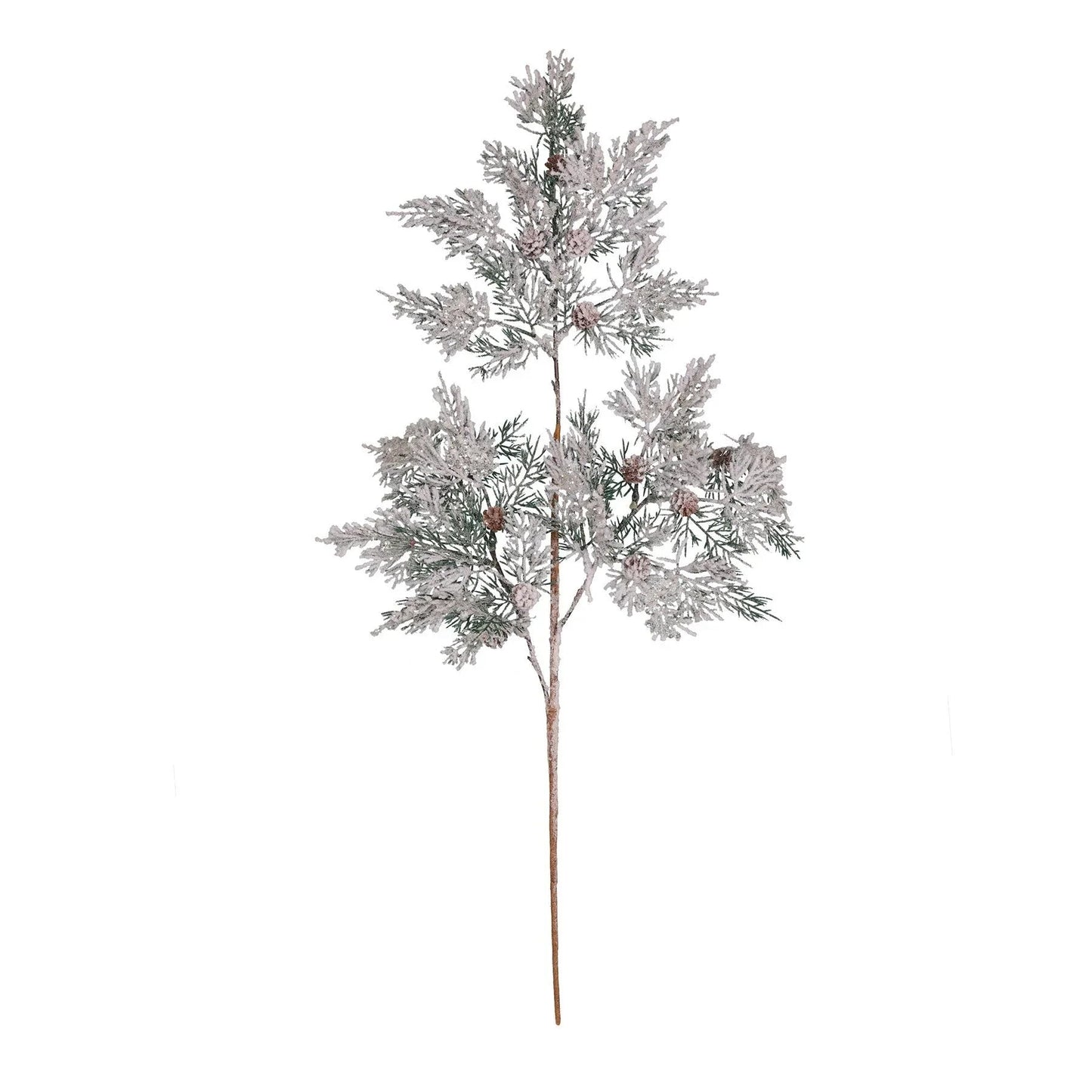 Artificial pine branch with frosted leaves and pinecones, winter holiday home decor