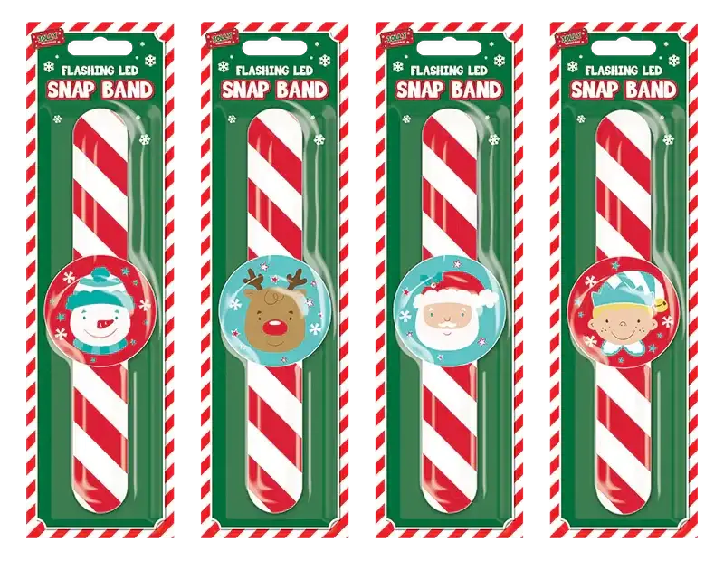 Flashing LED snap bands with festive Christmas characters and candy cane stripes, perfect for holiday fun.