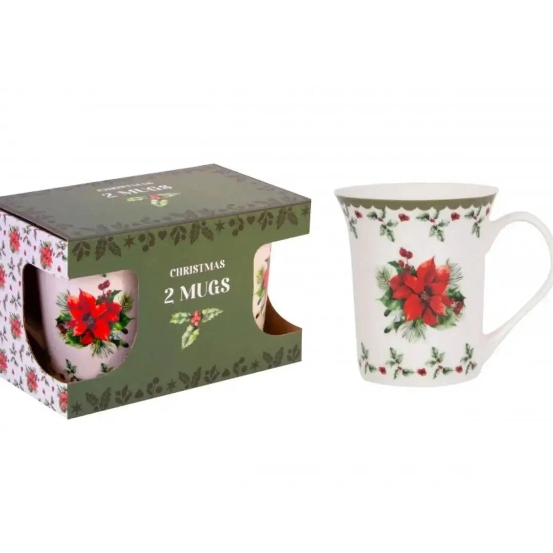 Christmas Holly China Mugs (Set of 2)