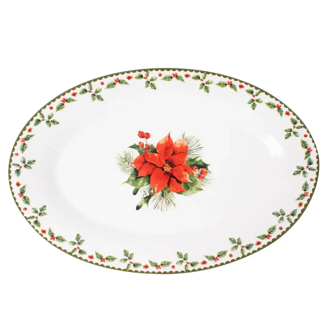 Holiday oval platter with poinsettia and holly design for festive table settings and seasonal décor