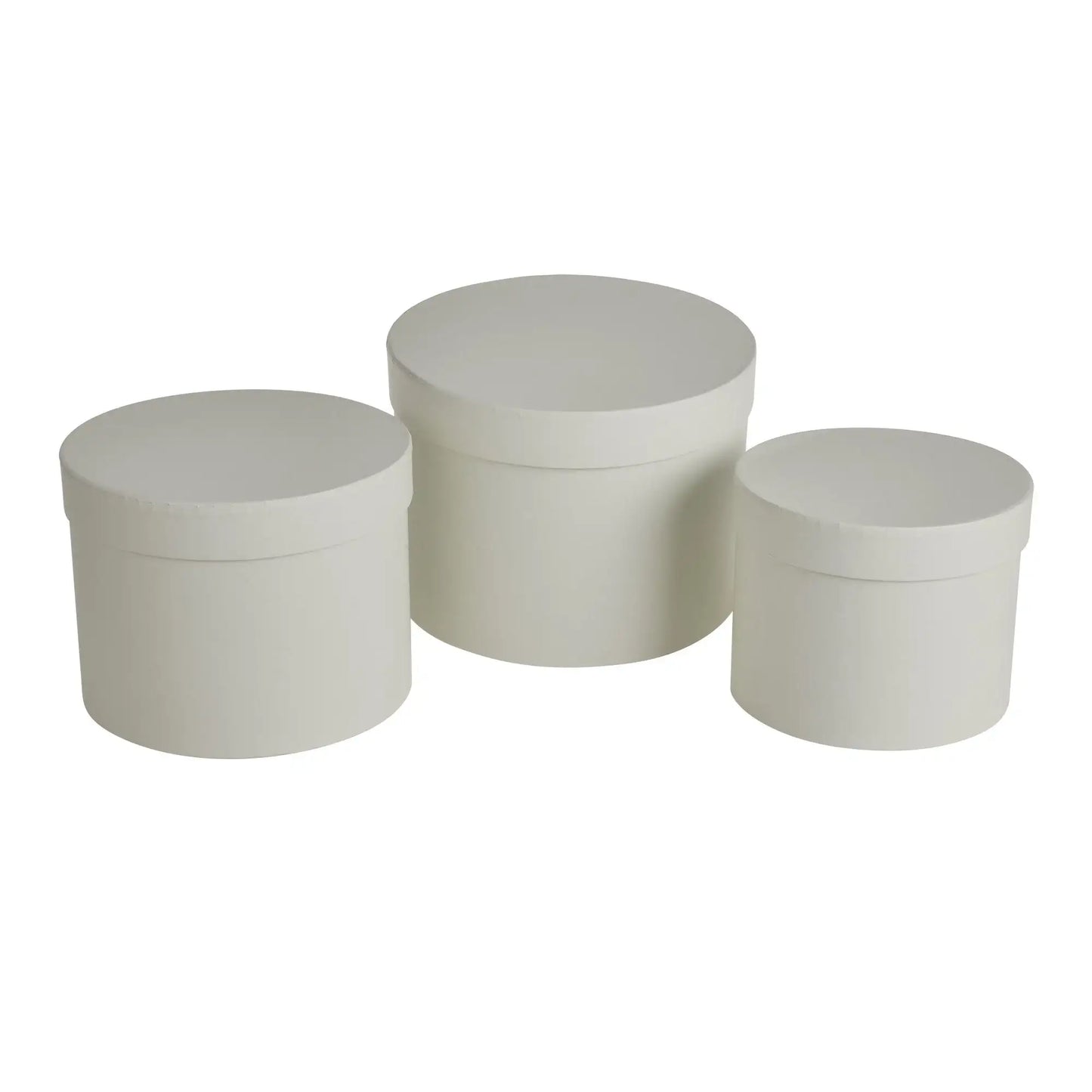 Set of three white round storage boxes with lids, ideal for home décor and gift organization
