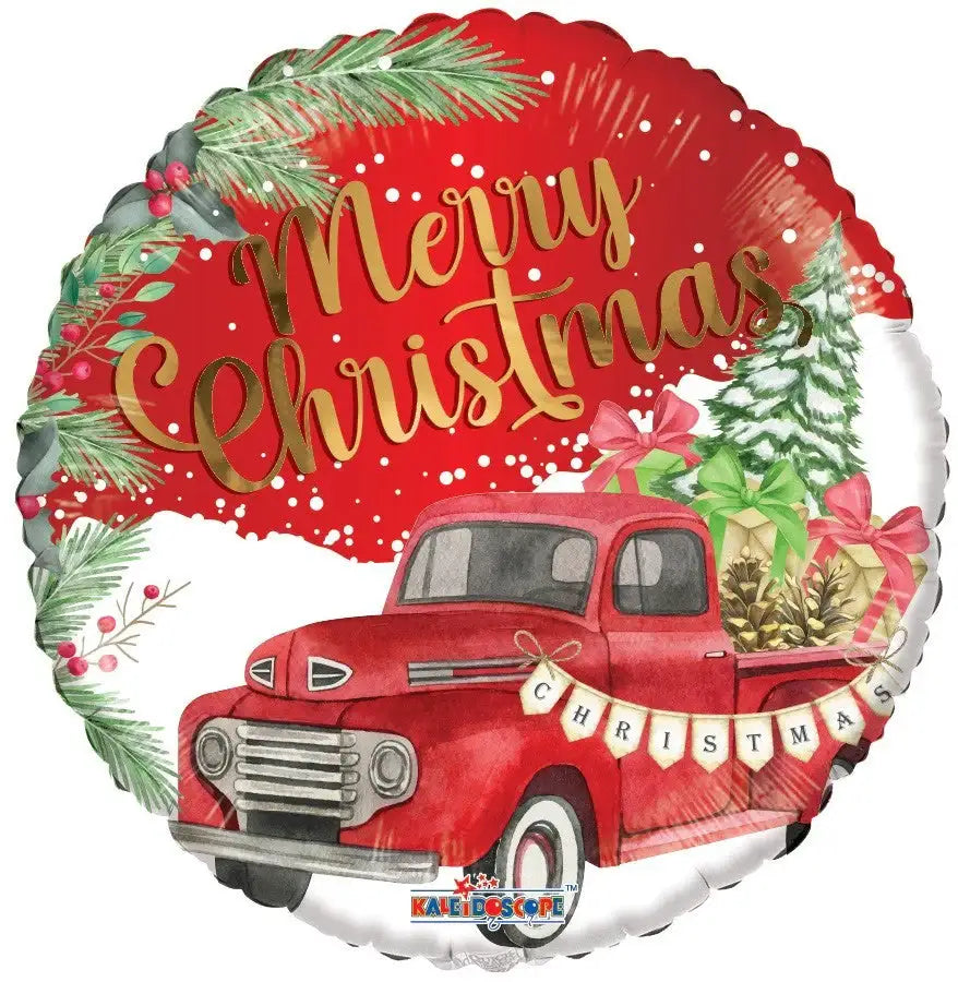 Merry Christmas balloon with red truck, gifts, and festive wreath for holiday celebrations