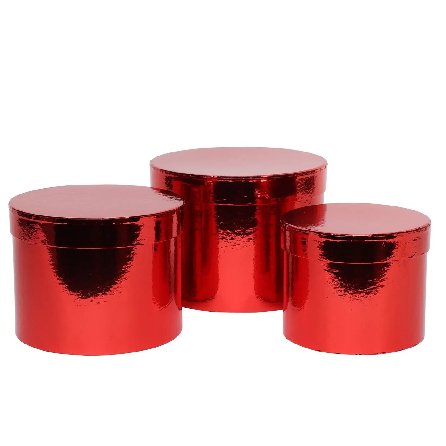 Shiny red round gift boxes for birthdays and celebrations, perfect for home décor and special occasions
