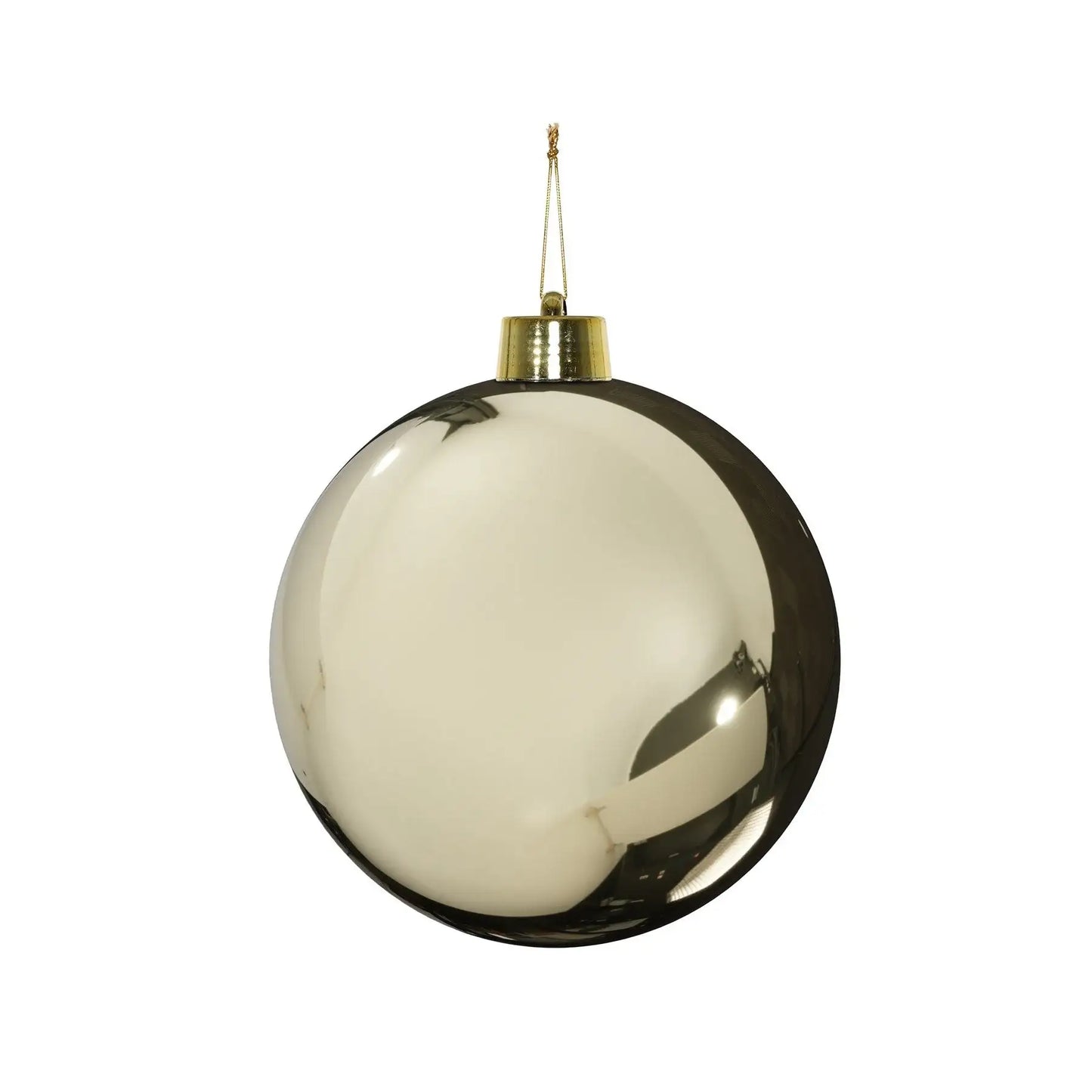 Shiny gold Christmas ornament with reflective surface and gold cap, perfect for holiday tree décor