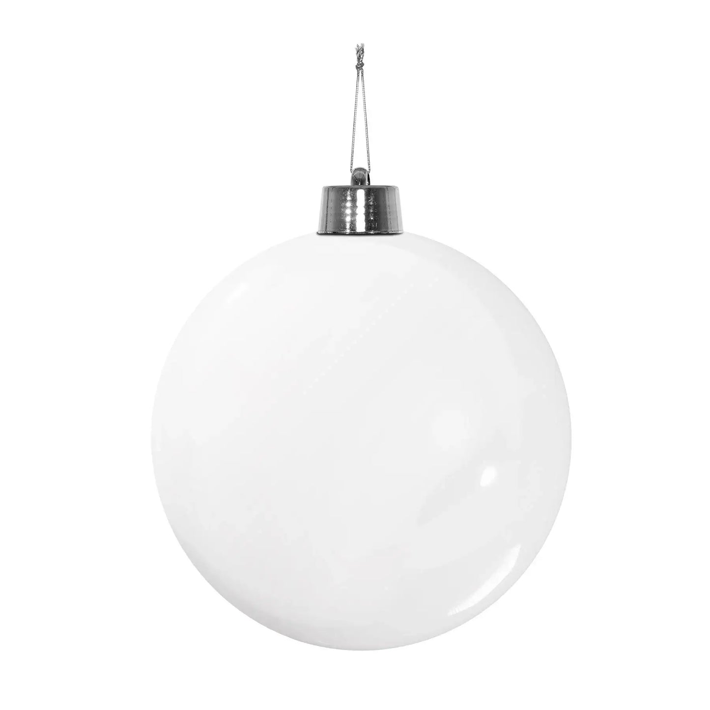 Glossy white Christmas ornament with silver cap and hanging string, perfect for holiday tree decor.