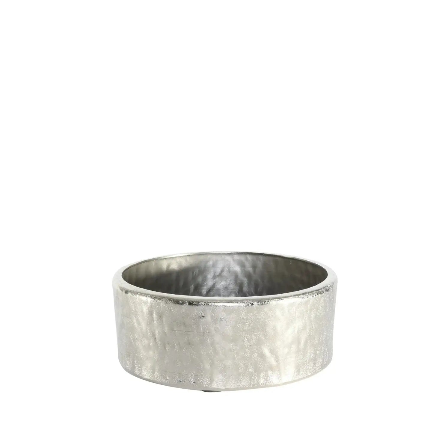 Round hammered silver metal bowl with a minimalist design on white background