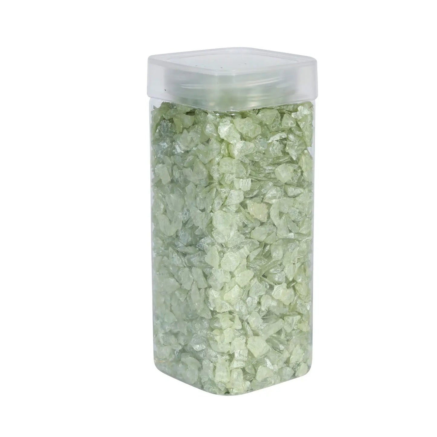 Clear plastic container filled with light green decorative glass stones