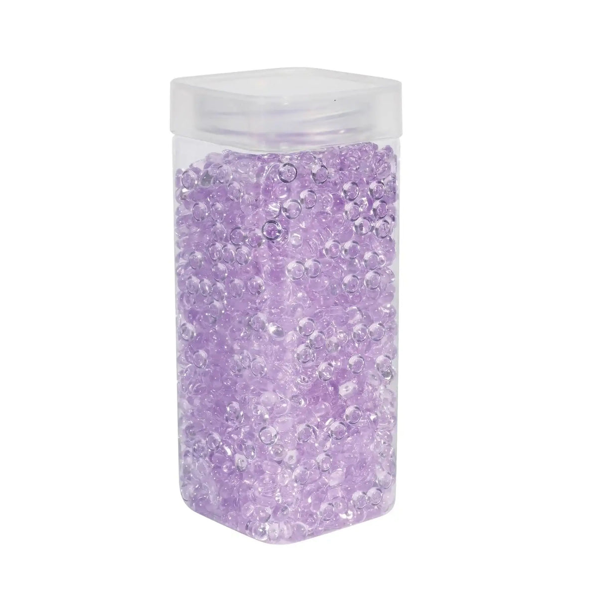 Clear plastic canister filled with decorative purple gel beads for home décor