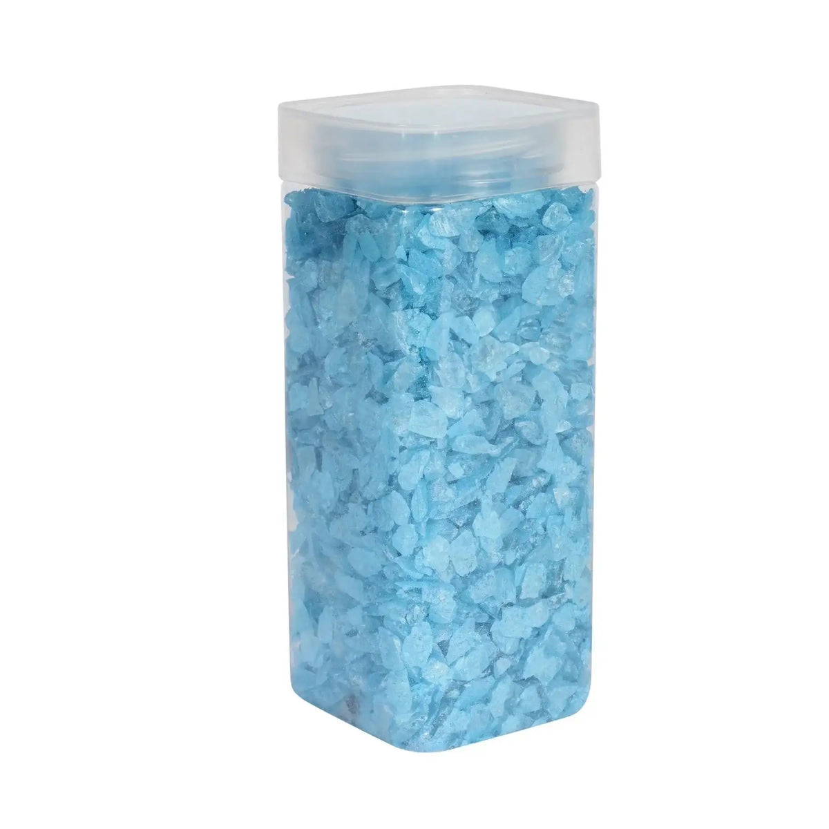 Clear plastic jar filled with bright blue decorative stones or crystals