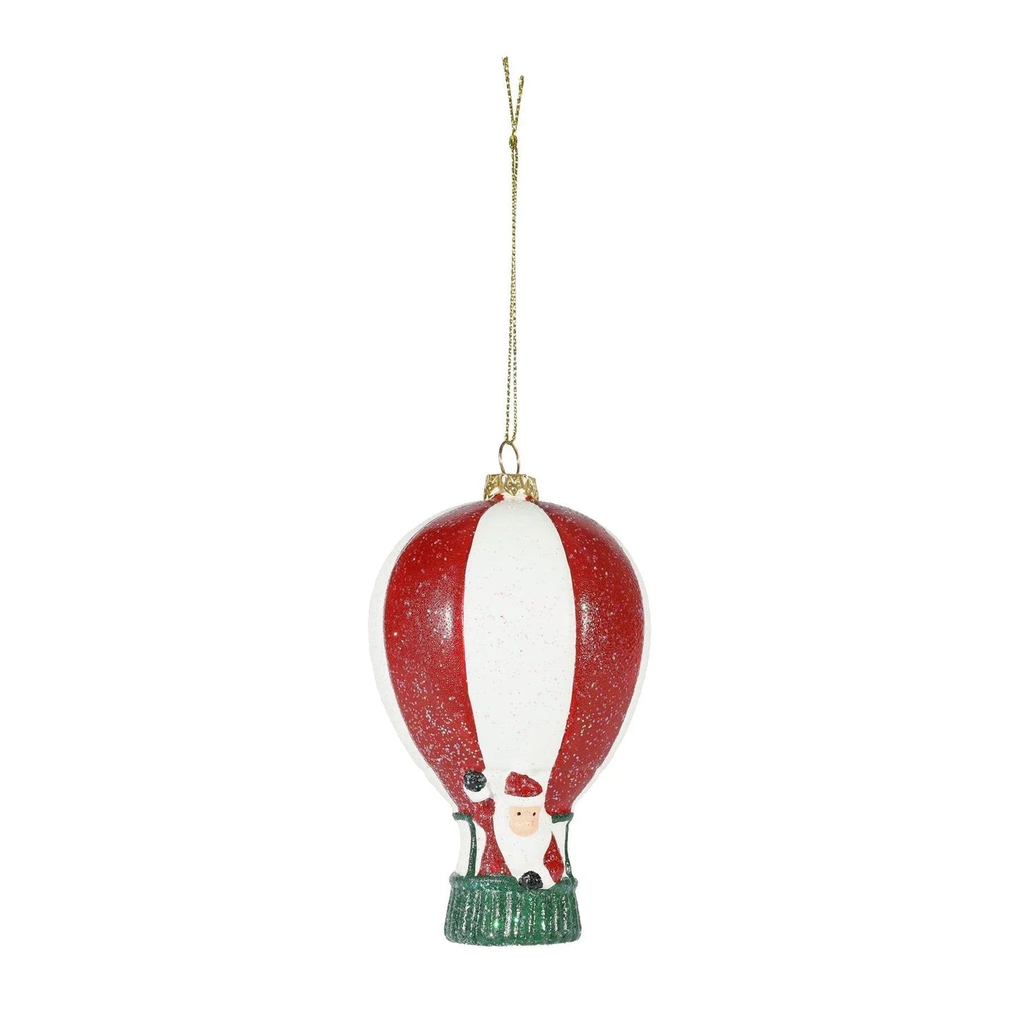 Santa Claus hot air balloon Christmas ornament with red and white glitter details