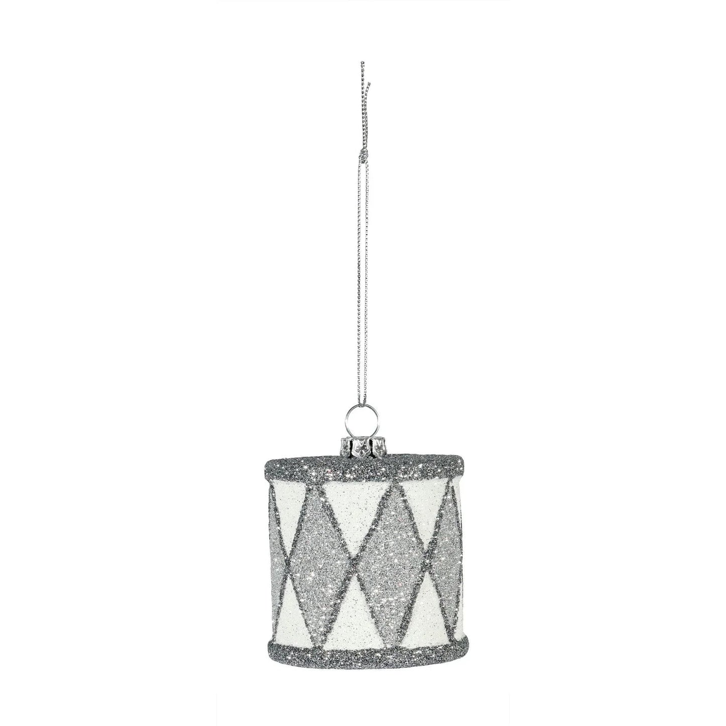 Silver and white glitter drum ornament for holiday home decor, hanging on a string
