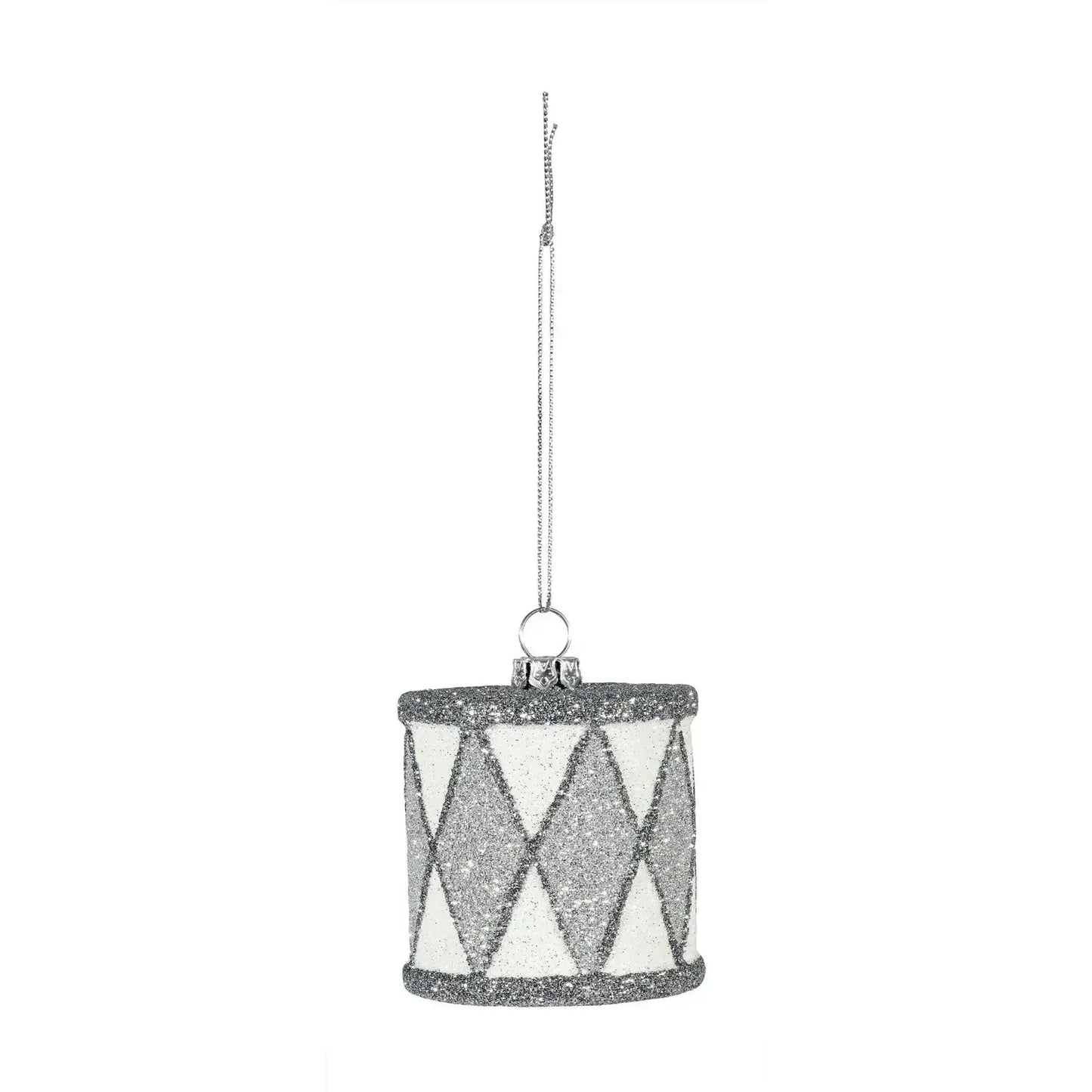 Silver and white glitter drum ornament for holiday home decor, hanging on a string