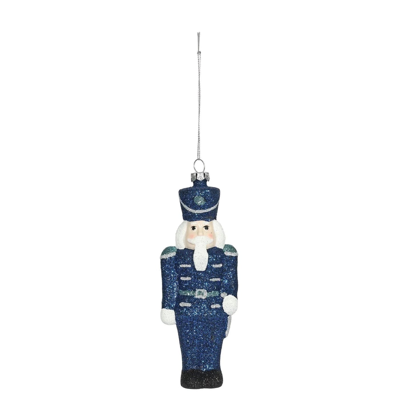 Blue glitter nutcracker hanging Christmas ornament with silver string