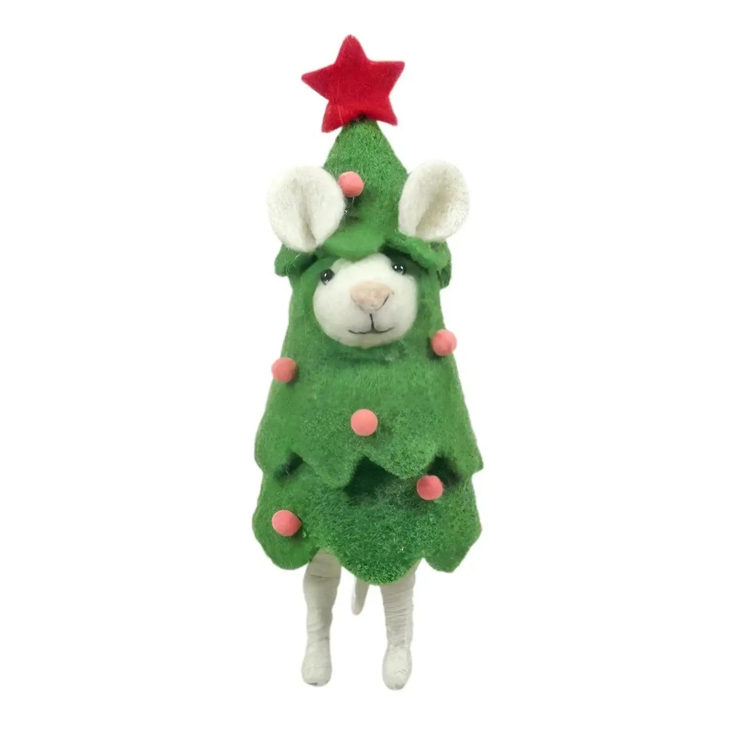 Felt mouse ornament dressed as a Christmas tree with a red star and pink baubles
