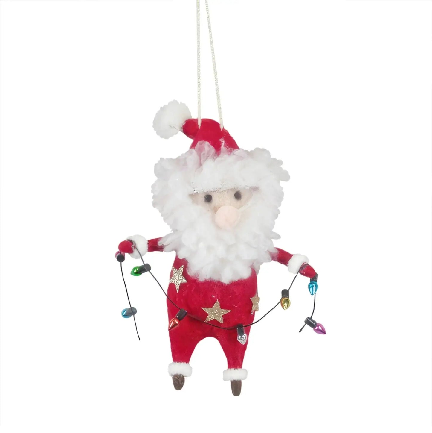 Santa Claus hanging ornament holding colorful Christmas lights, festive holiday decor