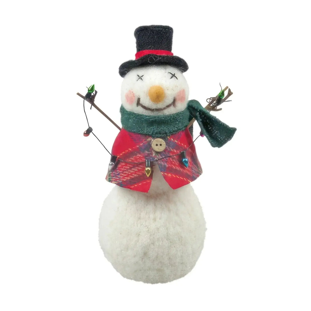Festive snowman plush with plaid jacket, green scarf, top hat, and string lights decor