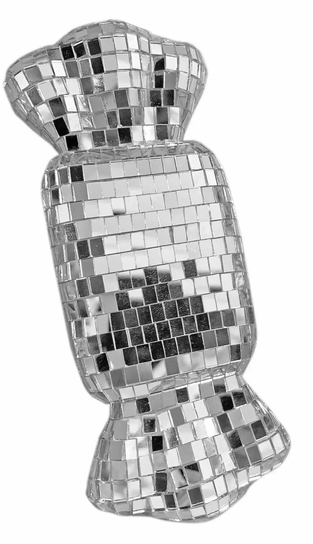 Shiny candy-shaped ornament with a mirrored mosaic design, perfect for festive home décor