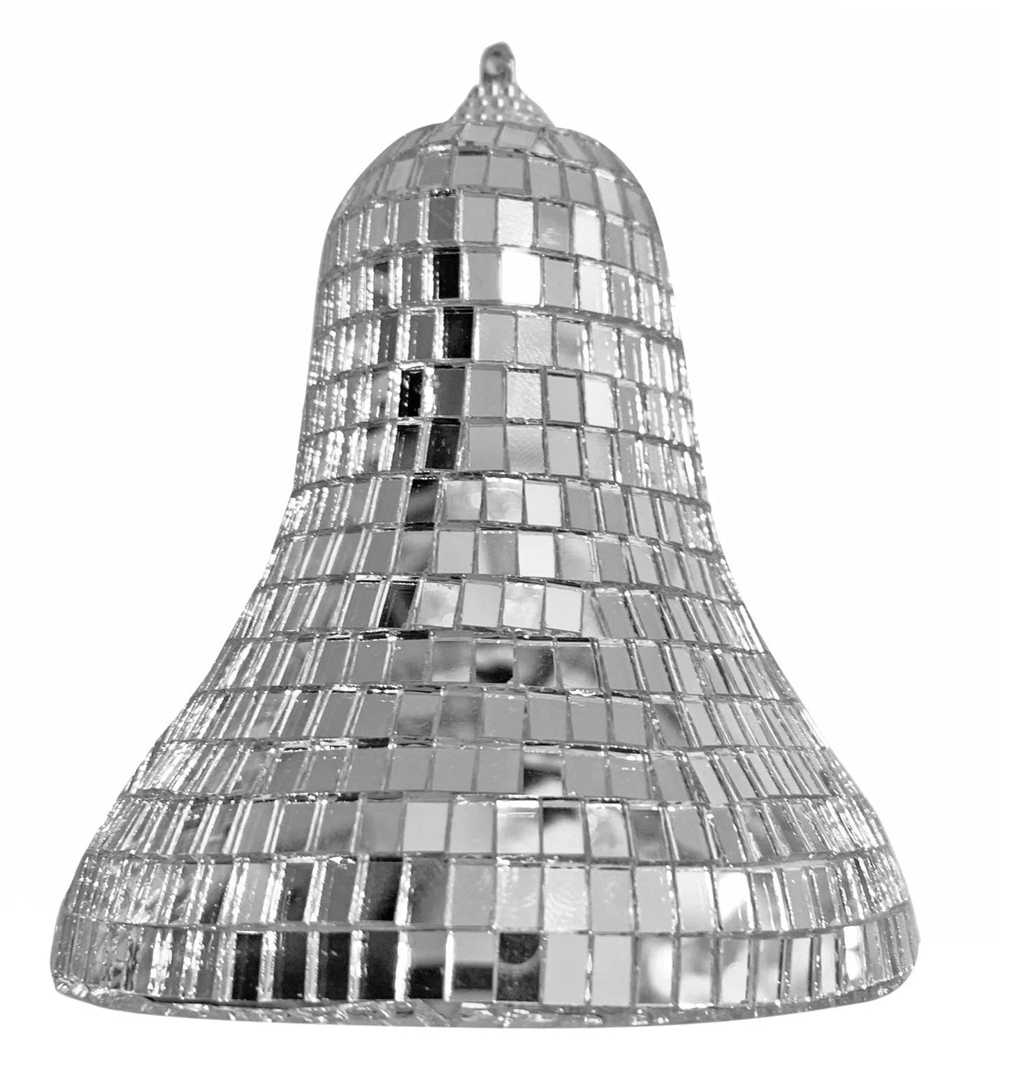 Silver mosaic bell ornament with mirrored tiles for festive home décor or holiday celebrations.
