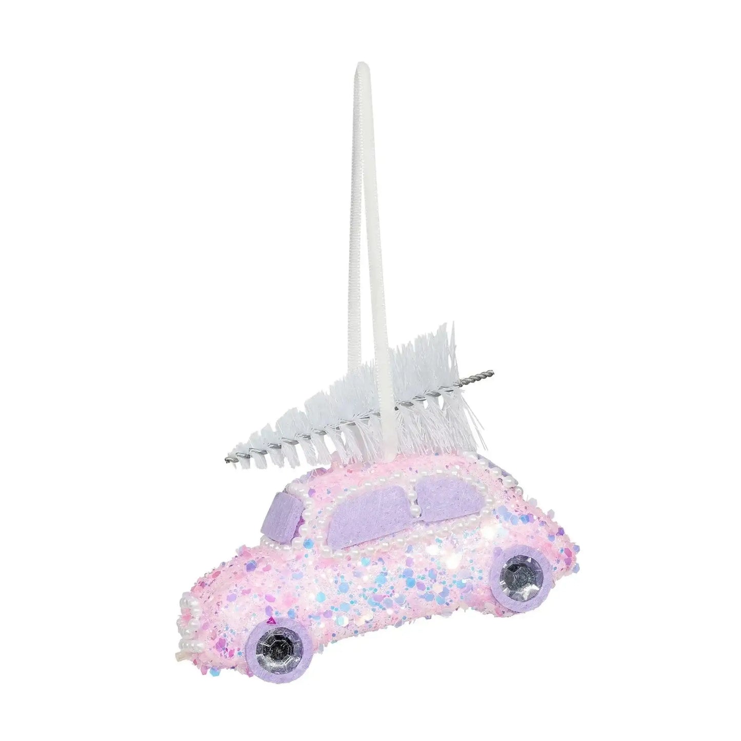 Sparkly pink car ornament with white bottle brush tree on roof, hanging holiday decor