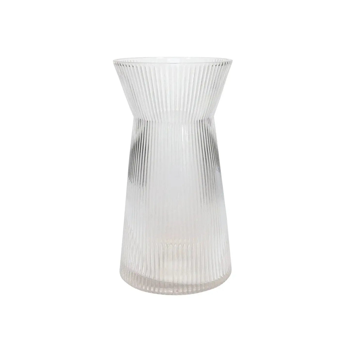 Clear ribbed glass vase with modern hourglass shape, perfect for home décor or floral display