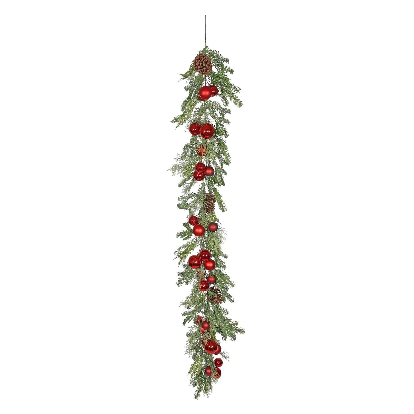 Christmas garland with pine branches, red ornaments, and pine cones for holiday decor
