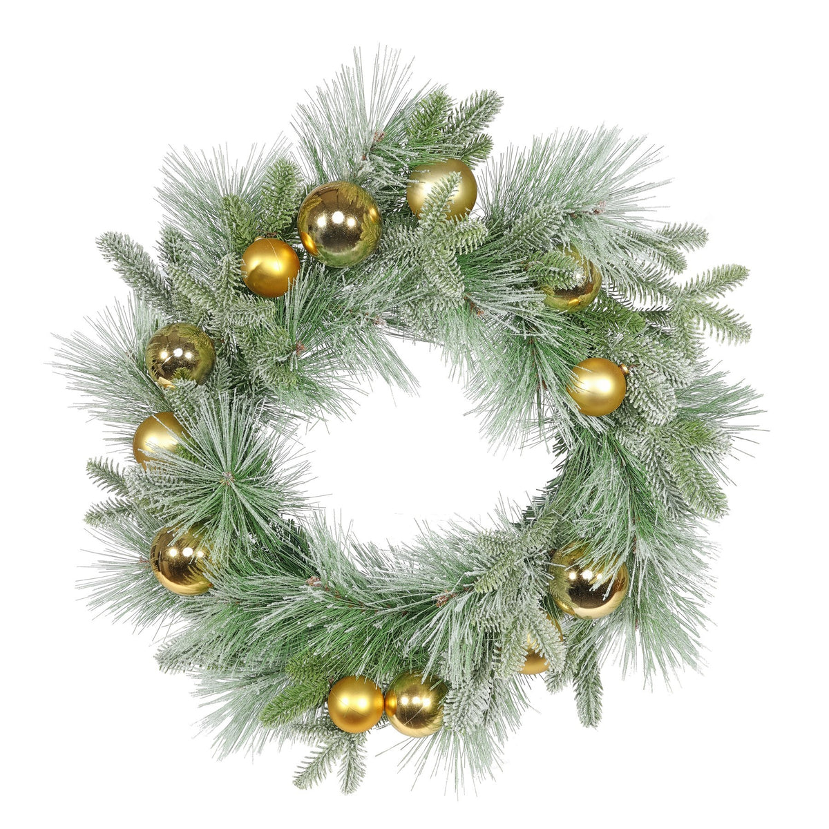 Discover the Snowy Mixed Foliage Gold Bauble Wreath (60cm) at Bristow Direct