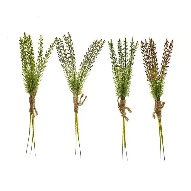 Set of four artificial greenery sprigs with twine, rustic home décor accents