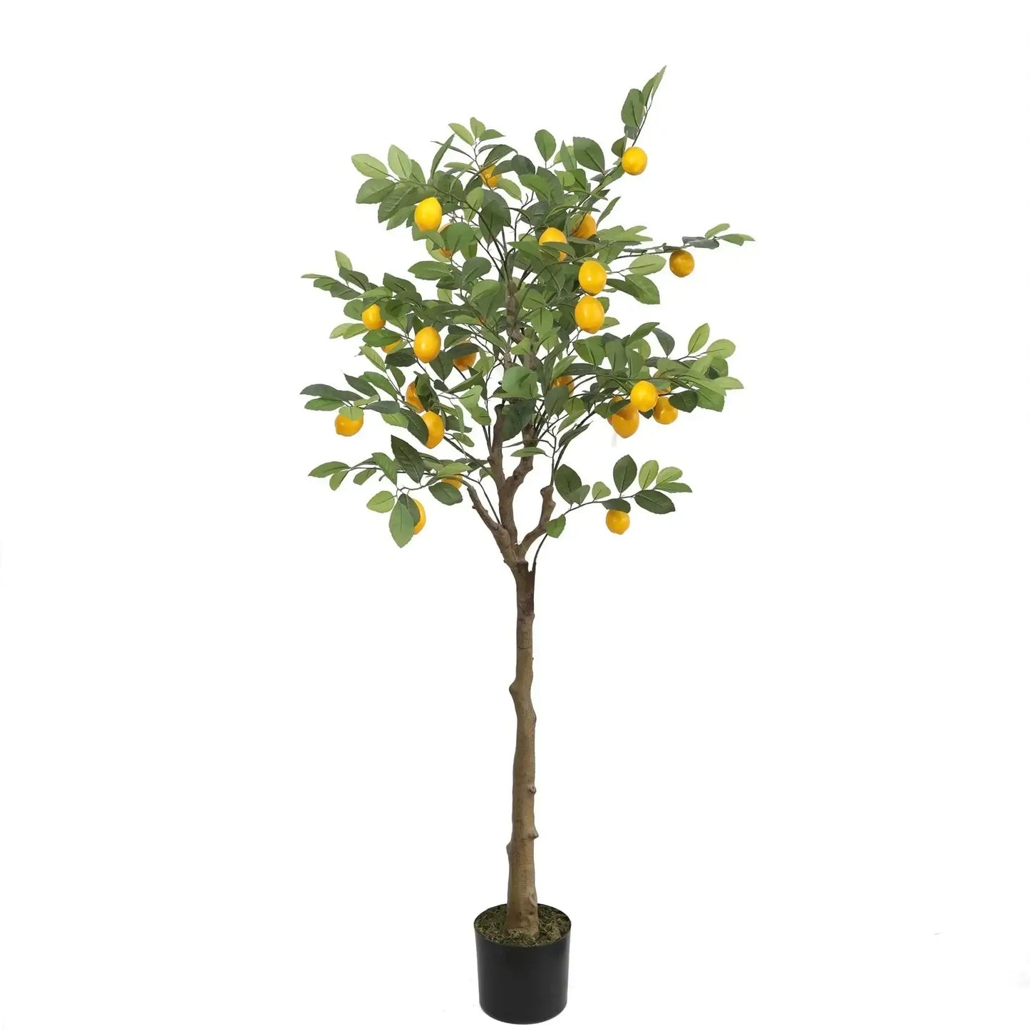 Artificial lemon tree in black pot with green leaves and yellow fruit, home décor accent