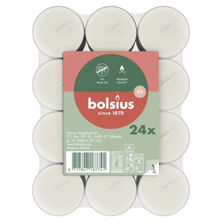 Bolsius Clear Cup Tealights - White (24 Pack)