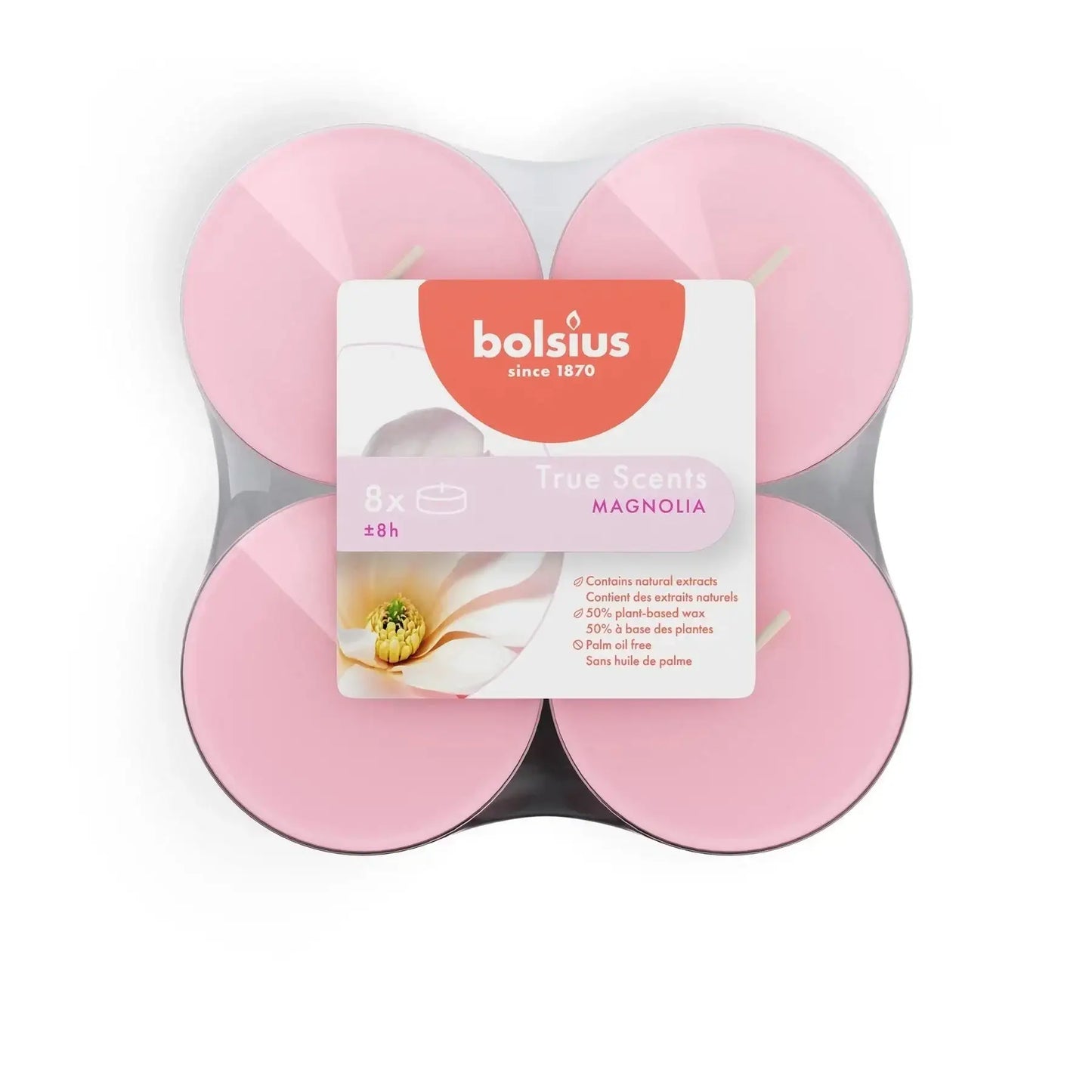 Bolsius True Scents Fragrance Clear Cup Maxi Tealights- Magnolia (8 Pack) - Bristow Direct