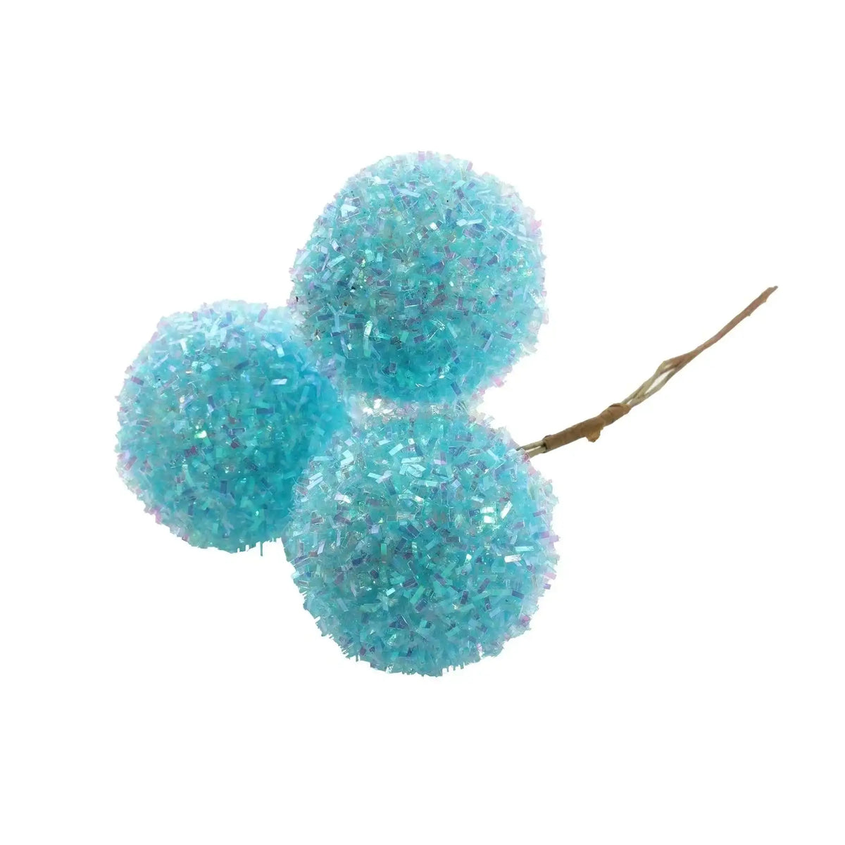 Three sparkly blue decorative pom pom balls on a stem for home decor or crafts