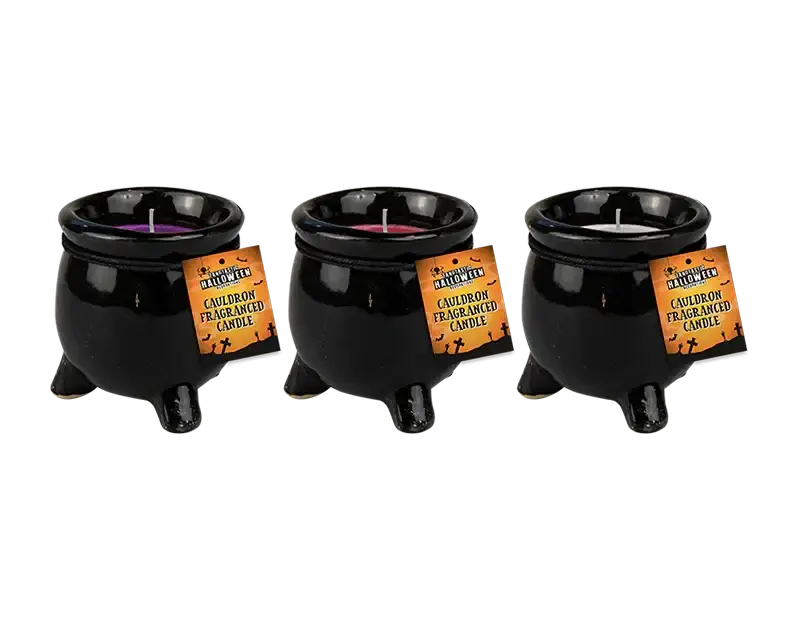 Three black cauldron fragranced candles by Bristow Direct for Halloween decoration