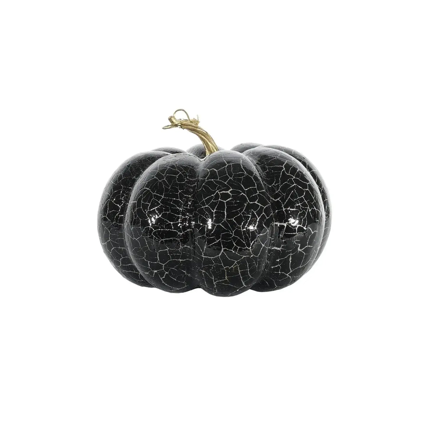 Black ceramic pumpkin with crackle finish and gold stem, decorative home décor accent