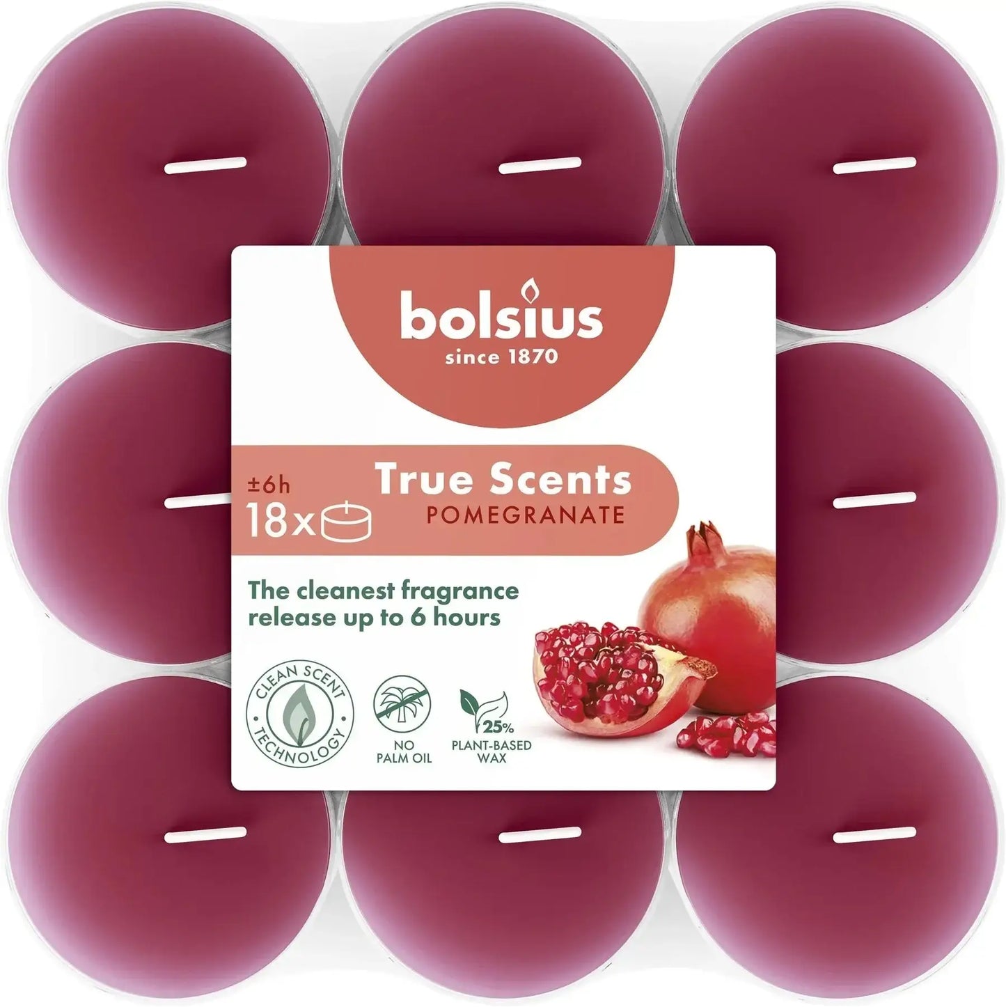 Bolsius True Scents Clear Cup Tealights- Pomegranate (18 Pack) - Bristow Direct