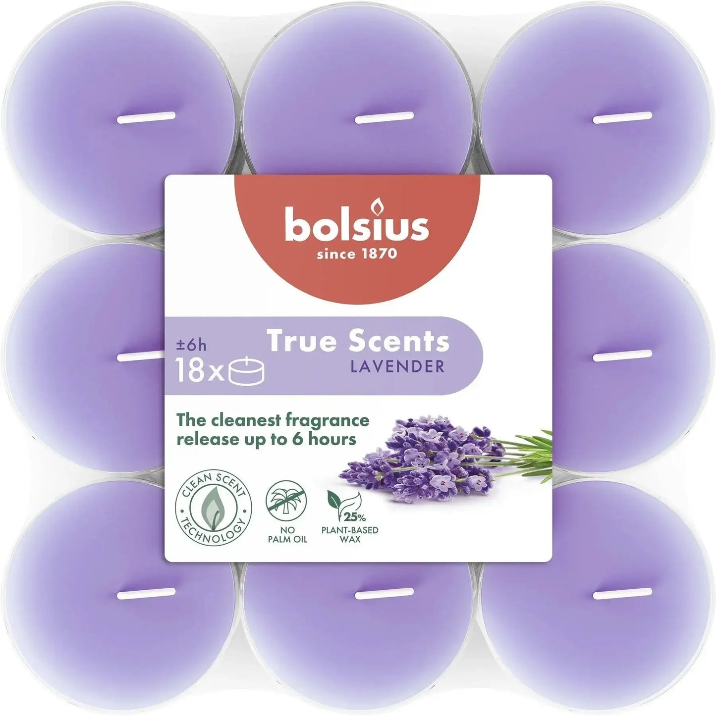 Bolsius True Scents Clear Cup Tealights- Lavender (18 Pack) - Bristow Direct