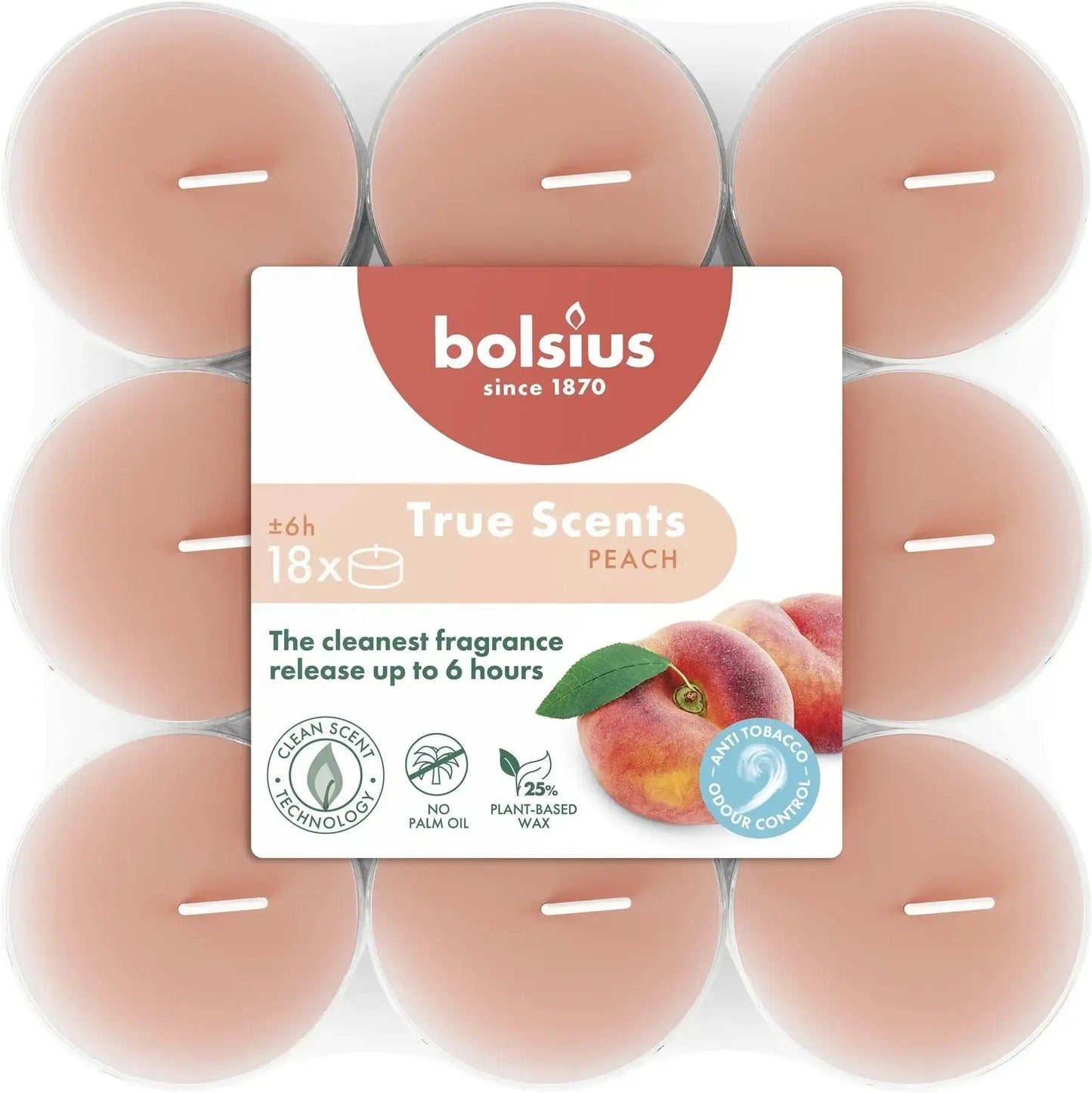 Bolsius True Scents Clear Cup Tealights- Peach (18 Pack) - Bristow Direct