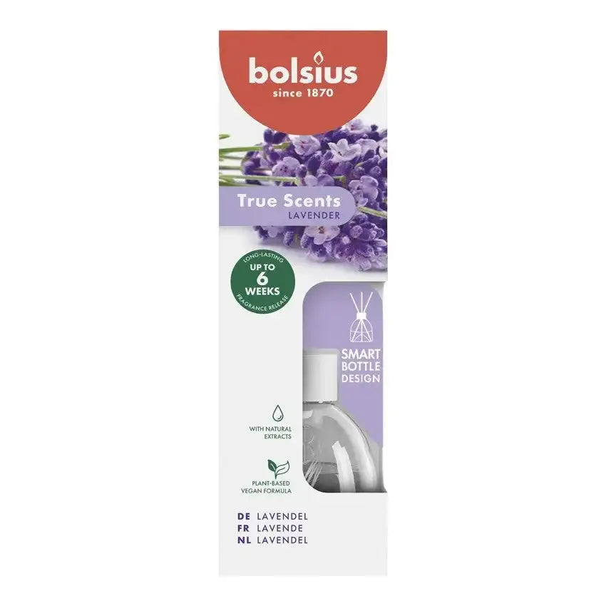 Bolsius True Scents lavender reed diffuser with purple flowers on packaging
