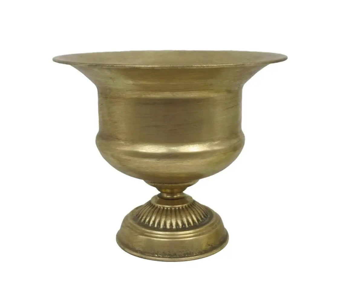Antique gold metal bowl planter by Bristow Direct with a pedestal base.