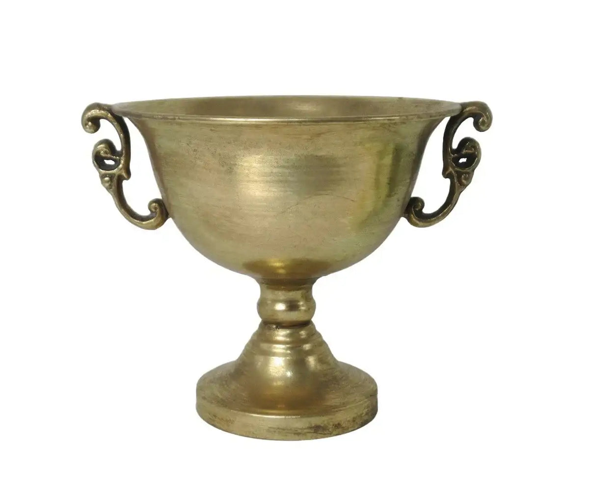 Antique gold creation metal bowl with decorative handles and a pedestal base by Bristow Direct