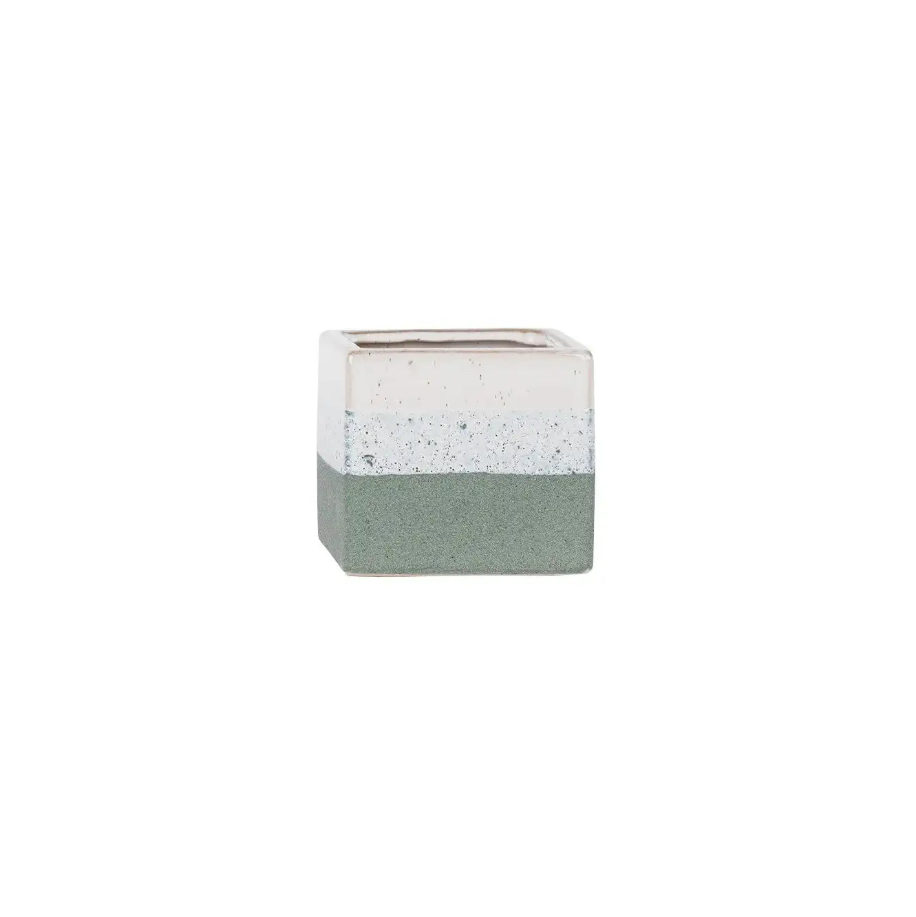 Hortus Green and White Bordeaux Stoneware Cube (9.5cm H x 10.5cm W)