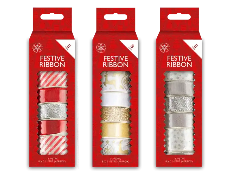 Three 8-packs of Bristow Direct festive Christmas ribbons in red, gold, and silver assortments.
