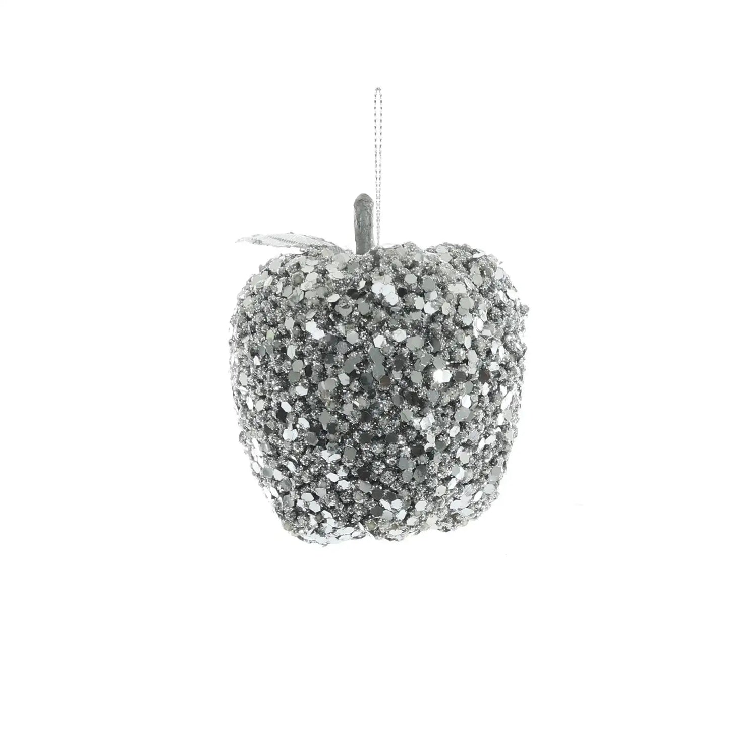 Glittered Hanging Apple - Silver (8cm)