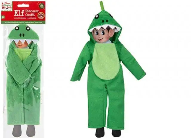 Bristow Direct Naughty Elf wearing a green dinosaur costume, shown packaged and unpackaged.