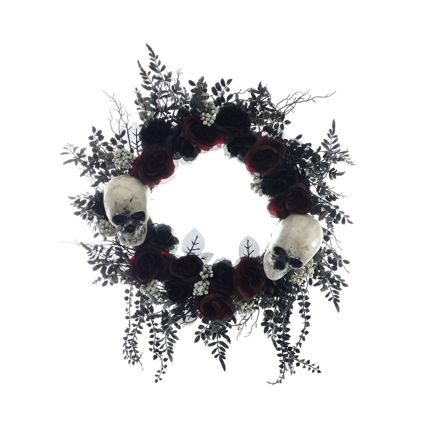 Halloween Wreath Skulls with Burgundy & Black Roses - 60cm - Bristow Direct