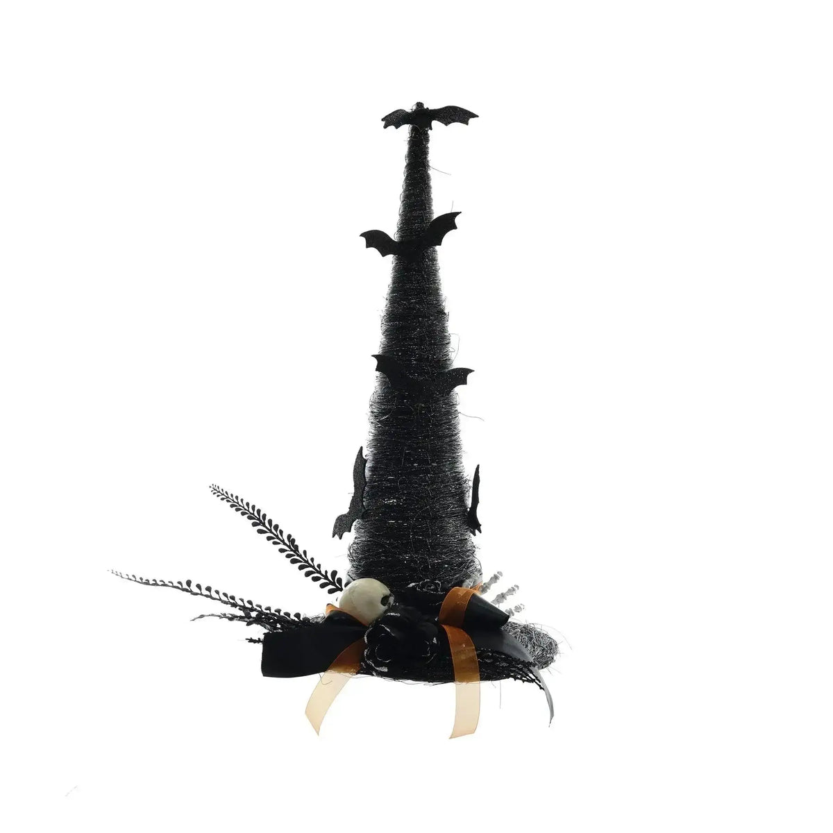 Black witch hat with bats, orange ribbon, skull, and feathers, Halloween home decor
