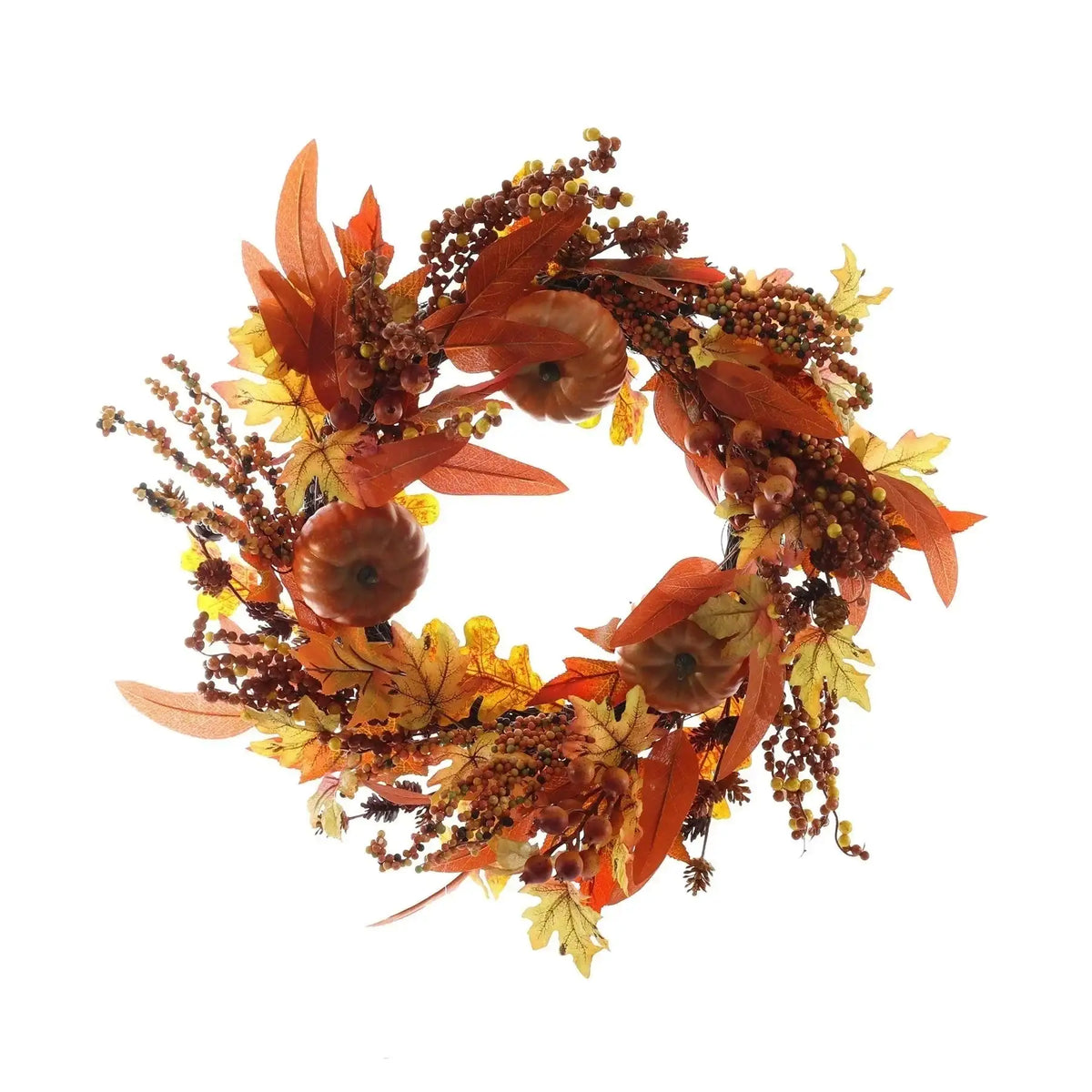 Autumn wreath with artificial pumpkins, orange leaves, and berries for fall home decor